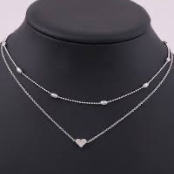 SILVER SET LAYERED HEART NECKLACE ADJUSTABLE LENGTH 2 NECKLACES - Picture 12 of 13